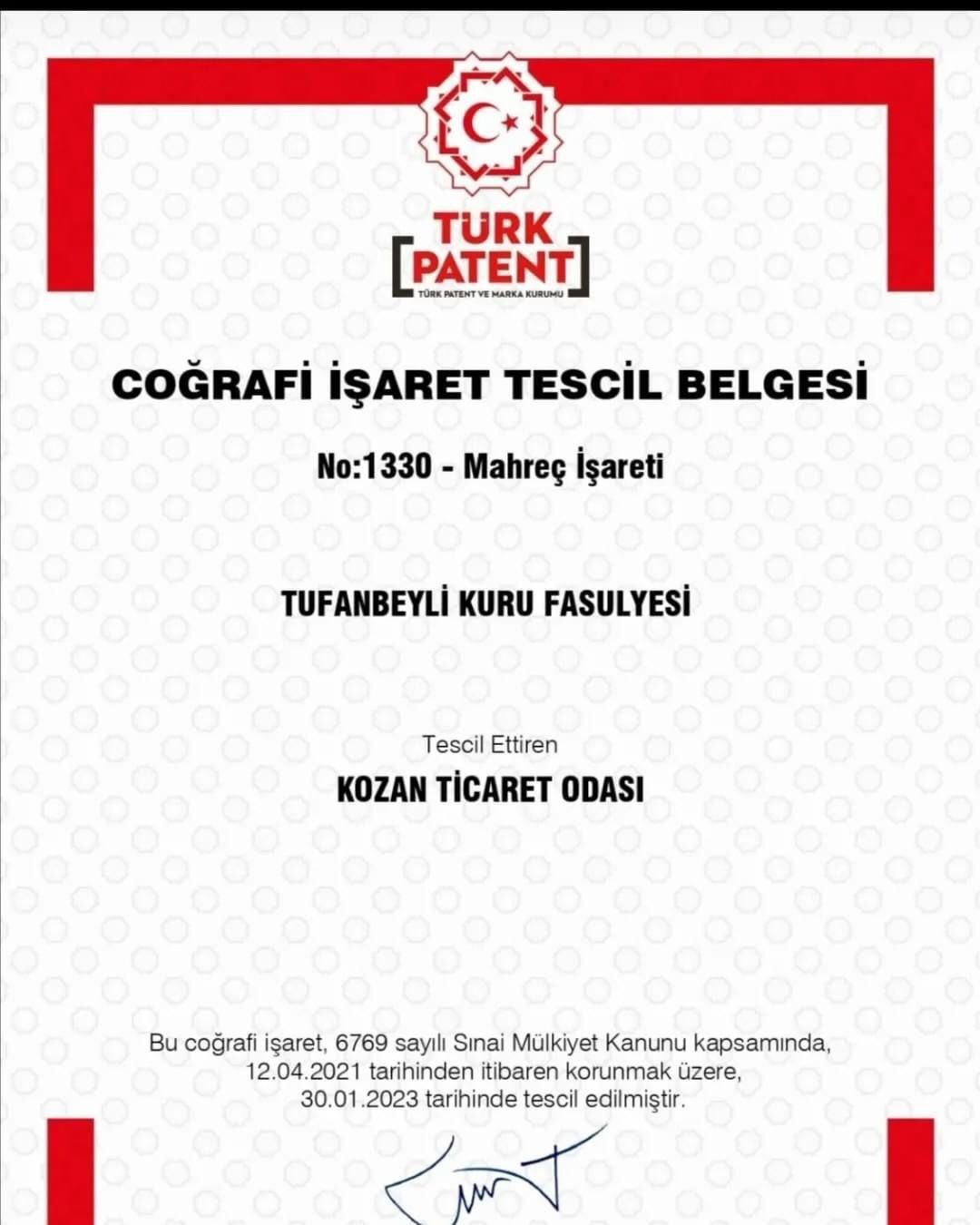 Tufanbeyli fasulyesine coğrafi işaret tescili